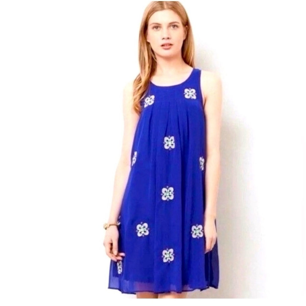 Anthropologie Beaded Royal Blue Floral Mini Dress - Size 6